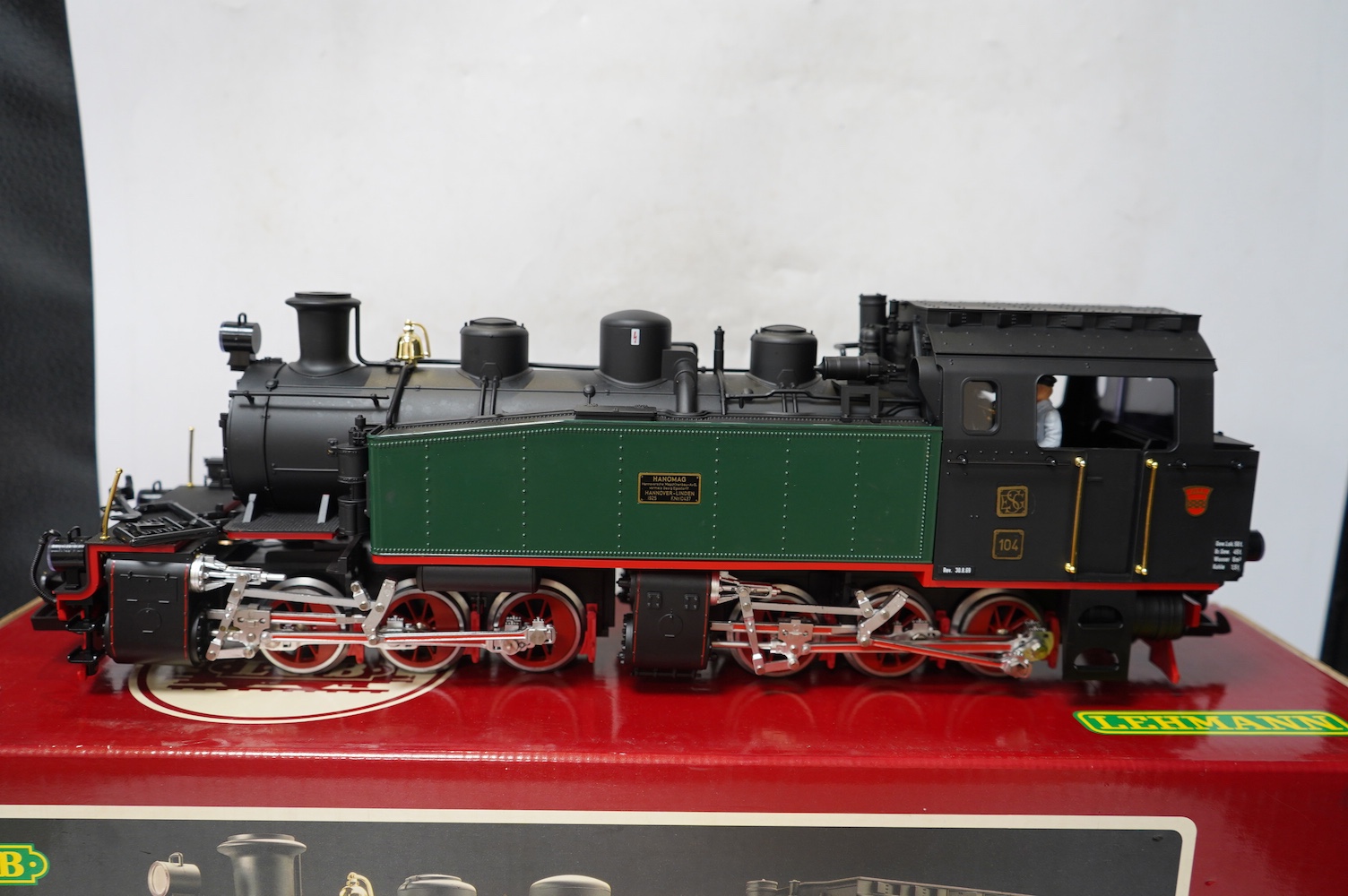 A boxed Lehman LGB (2085) G scale railway Mallet 0-6-6-0T locomotive, 104, in green livery. Condition - good, evidence of very minor running wear only.